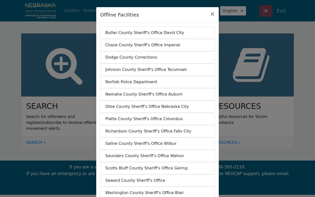 Otoe County most wanted resources, Nebraska victim notification portal