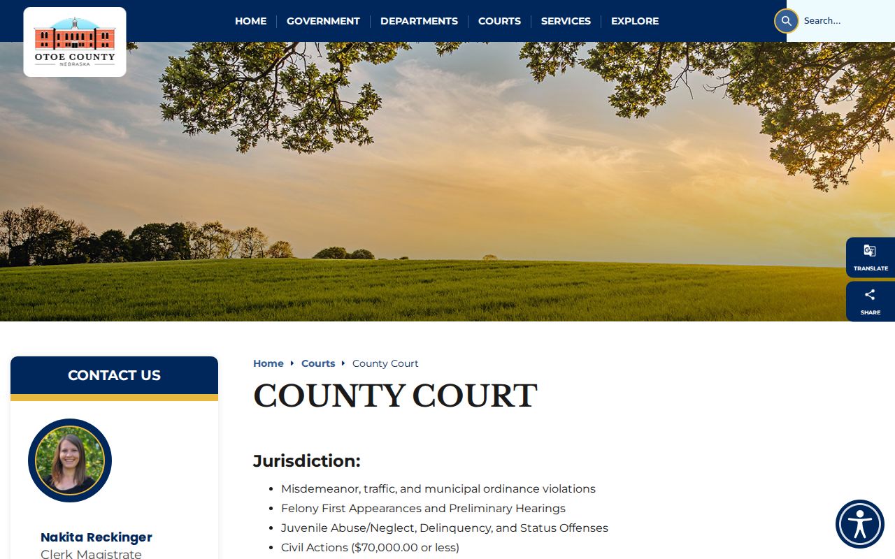 Otoe County warrant records, County Court contact page